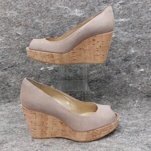 Stuart Weitzman Anna Wedge Women's Sz 8.5 Tan Suede Cork Platform Peep Toe Pumps